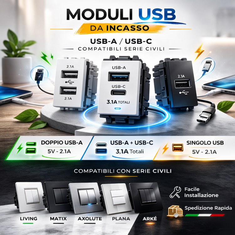 Moduli USB da incasso USB-A e USB-C compatibili con serie civili