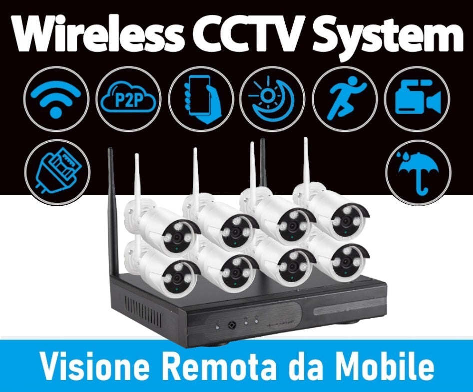 Kit videosorveglianza Wi-Fi 8 canali con NVR e 8 telecamere bullet 2MP IP66