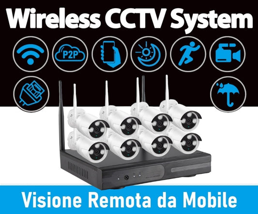 Kit videosorveglianza Wi-Fi 8 canali con NVR e 8 telecamere bullet 2MP IP66