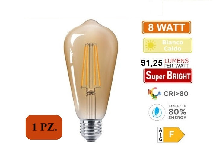Lampadina LED E27 ST64 8W a filamento ambrata 2600K