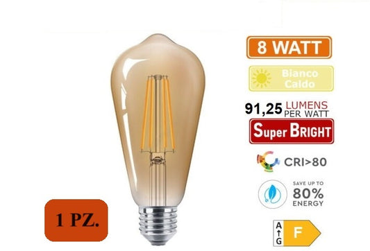 Lampadina LED E27 ST64 8W a filamento ambrata 2600K