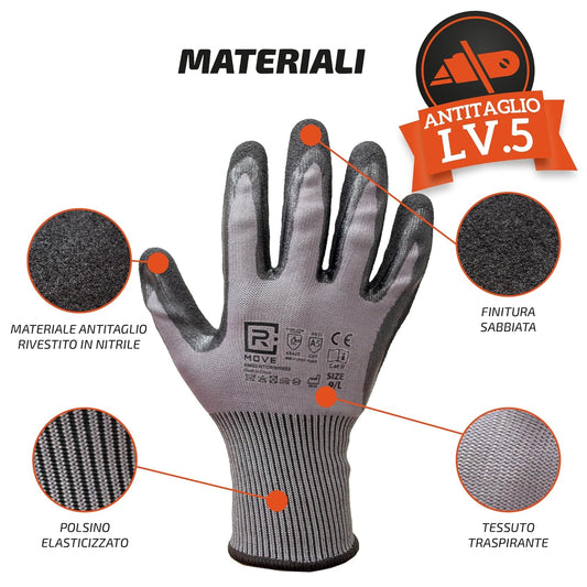 5 Paia Guanti antitaglio livello 5 EN388 4X42E ANSI A5 - HPPE e nitrile antiscivolo, taglie S-XXL