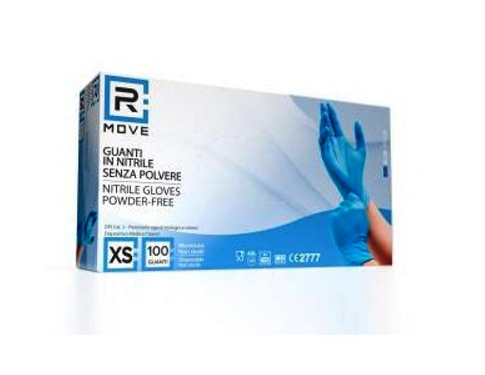 Guanti monouso in nitrile blu senza polvere taglia XS 100 pezzi - DM Classe I e DPI Cat. III