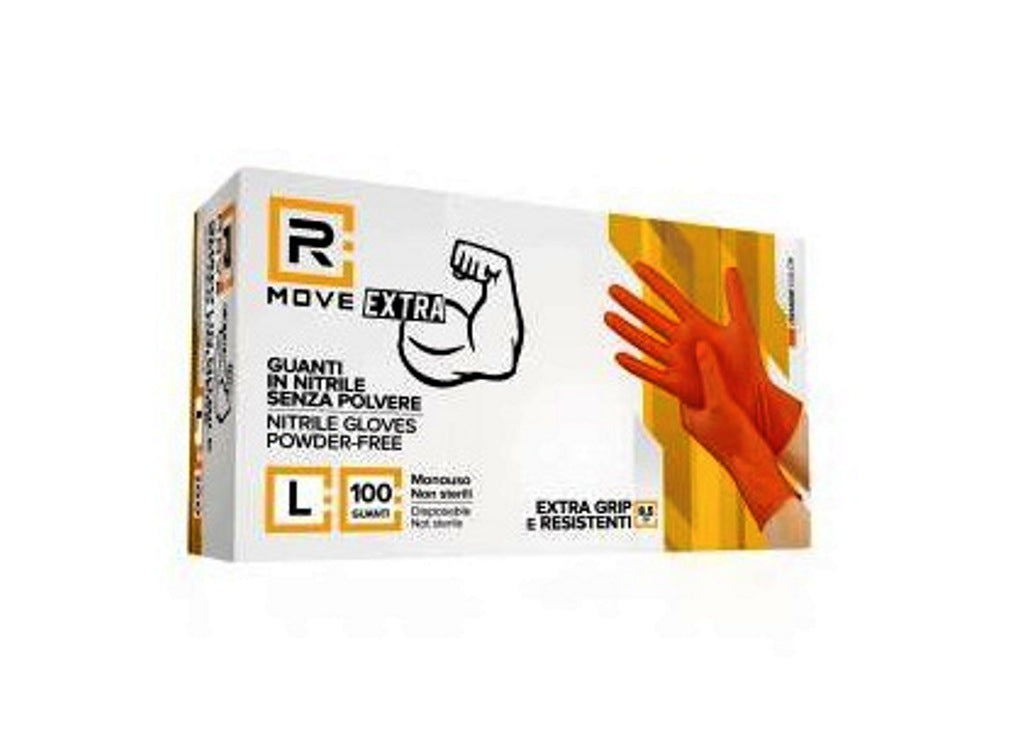 Guanti monouso in nitrile arancioni full grip senza polvere taglia L 8,5 g 100 pezzi