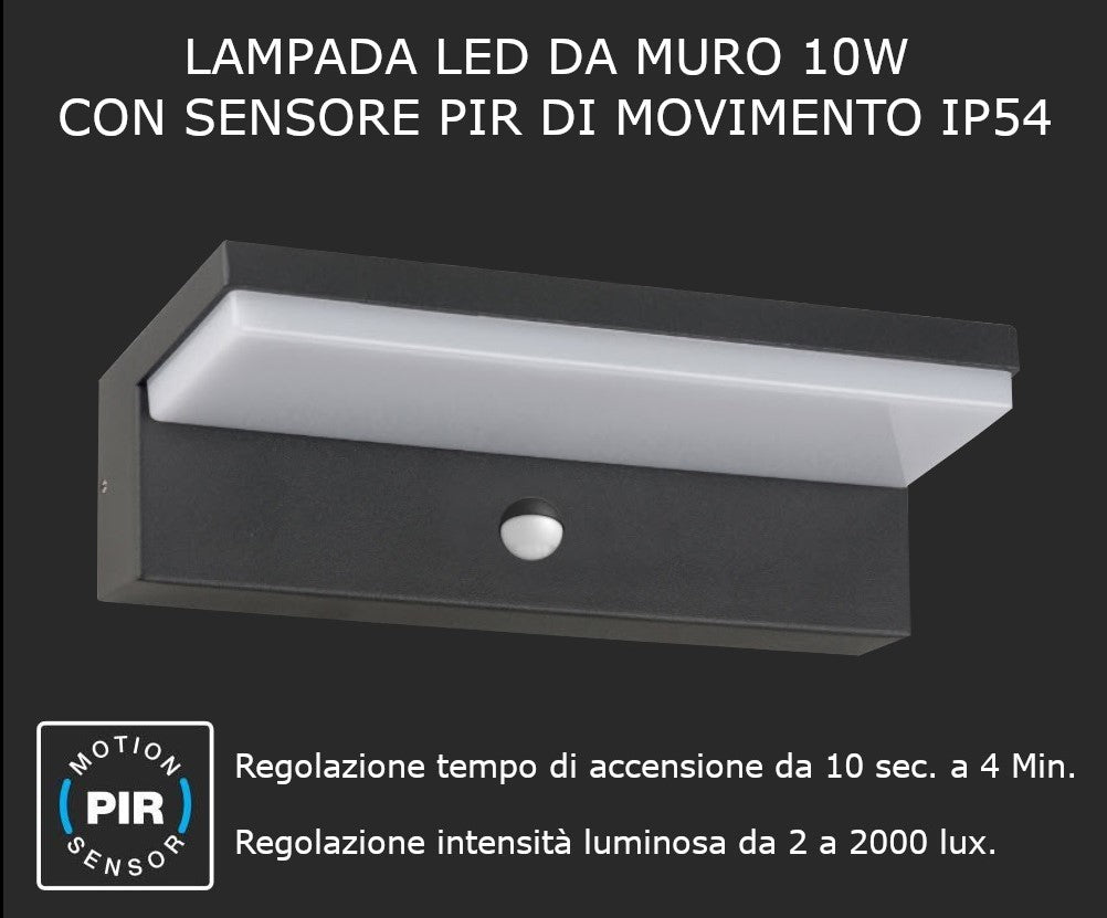 Applique LED 10W da esterno con sensore PIR IP54 CCT 3 in 1