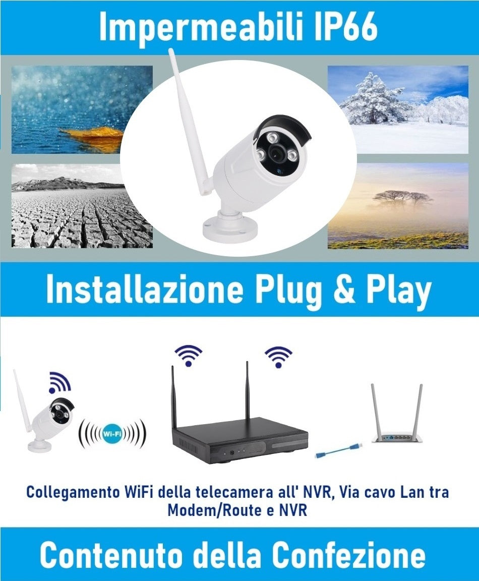 Kit videosorveglianza Wi-Fi 8 canali con NVR e 8 telecamere bullet 2MP IP66