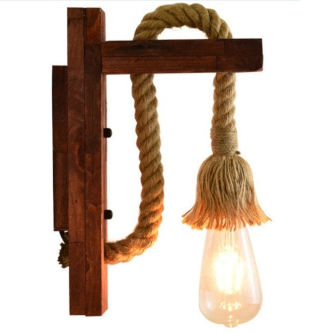 Applique da parete in legno e corda di canapa - lampada decorativa stile classico