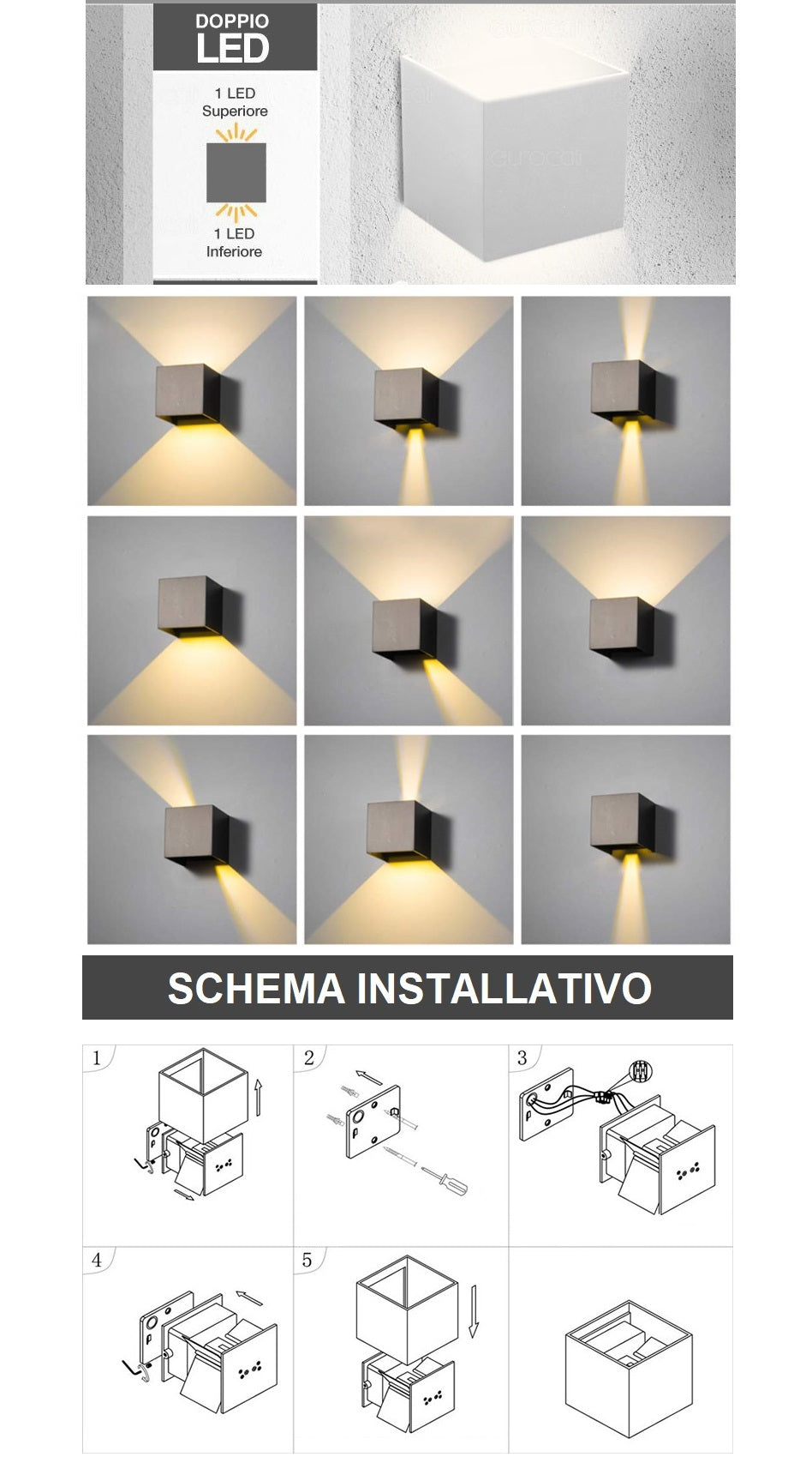 Applique LED COB 12W da esterno IP65 nera - doppia emissione fascio regolabile