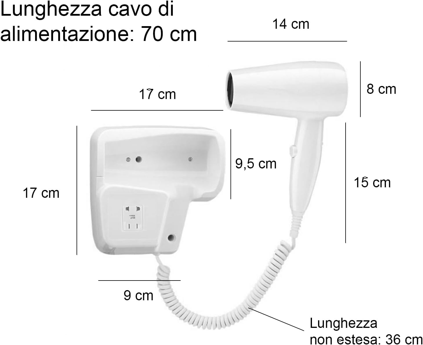 Asciugacapelli da parete 1200W con doppio comando Phon hotel B&B 2 velocita - immagine 6