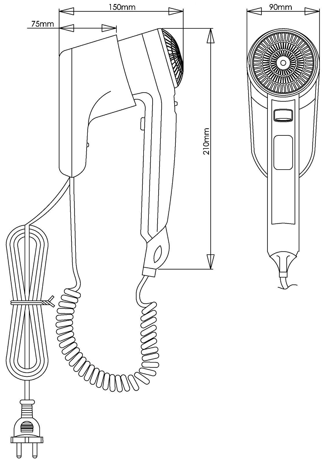 Asciugacapelli a pistola da parete 1200W con pulsante sicurezza Hotel e B&B - immagine 6