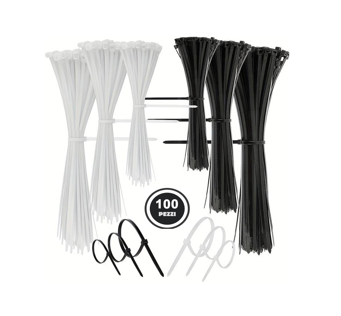 100 Fascette in plastica per cablaggio elettrico - nere o bianche