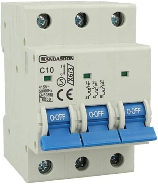 Interruttore magnetotermico 3P 10A curva C10 - 3 moduli DIN per quadro elettrico