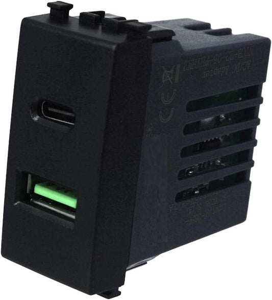 Modulo caricatore USB A + USB-C 3,1A compatibile con Vimar Arke - Nero - Modulo da incasso