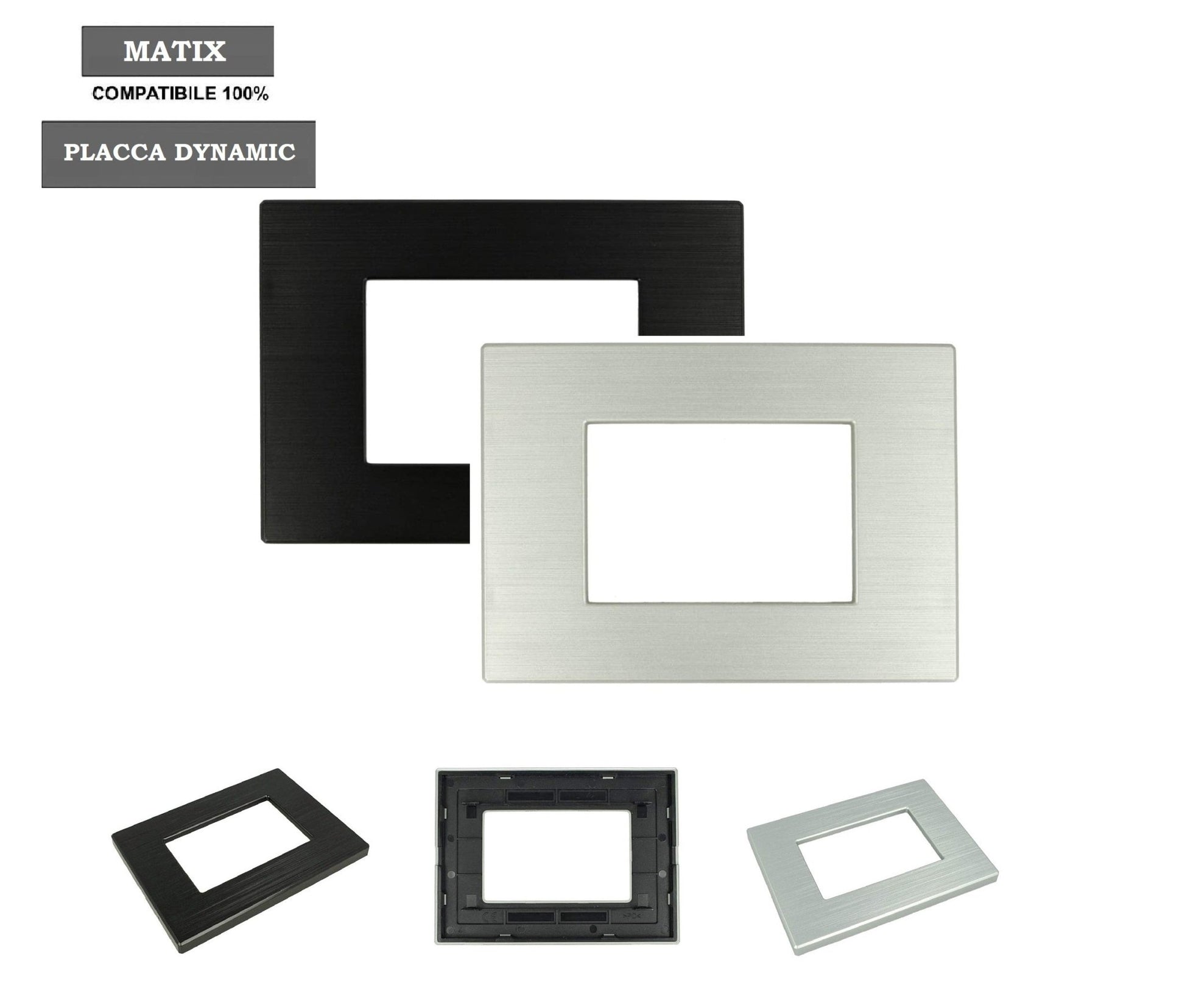 Placca Dynamic in tecnopolimero effetto metallo satinato compatibile con BTicino Matix - 3 Posti - Argento Satinato