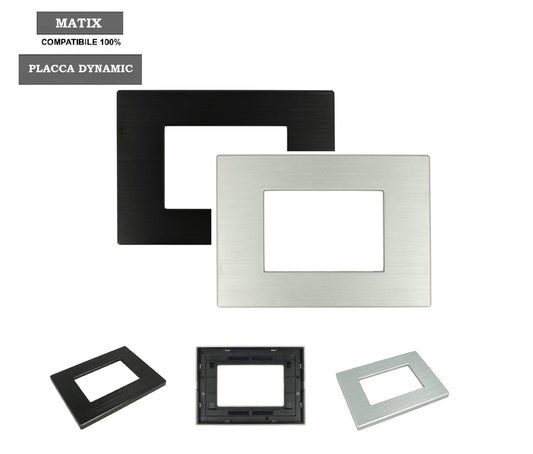 Placca Dynamic in tecnopolimero effetto metallo satinato compatibile con BTicino Matix - 3 Posti - Argento Satinato