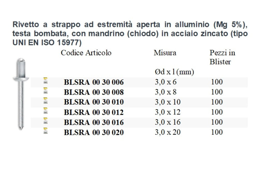 100 Pezzi Rivetti a Strappo in Alluminio Ø3 mm con Mandrino Acciaio Zincato