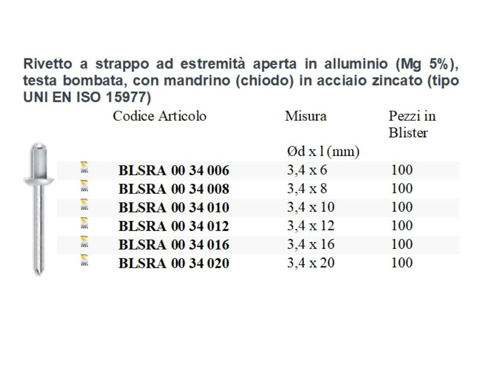 100 Pezzi Rivetti a Strappo in Alluminio Ø3,4 mm con Mandrino Acciaio Zincato