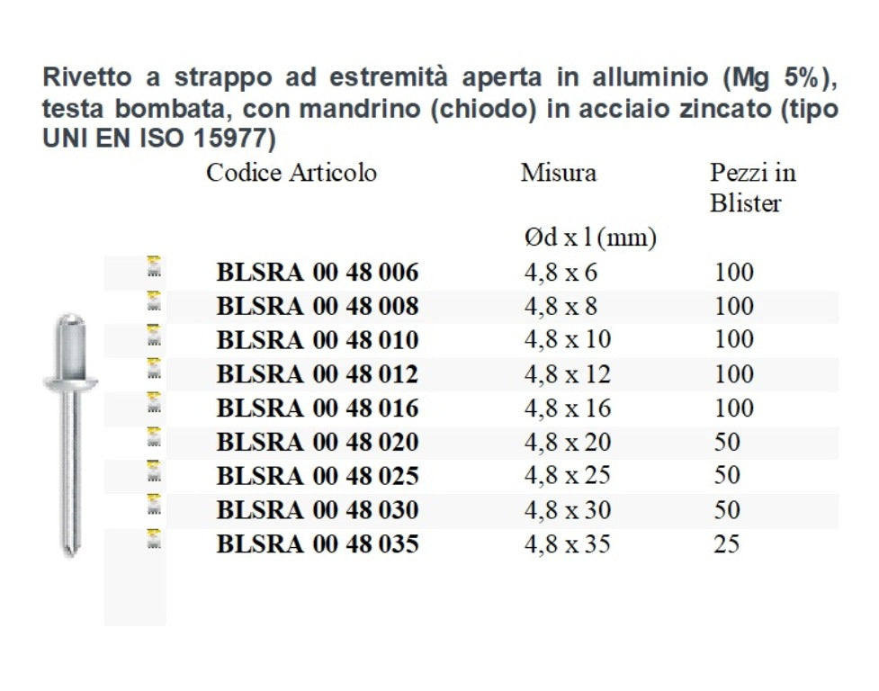 100 Pezzi Rivetti a Strappo in Alluminio Ø4,8 mm con Mandrino Acciaio Zincato