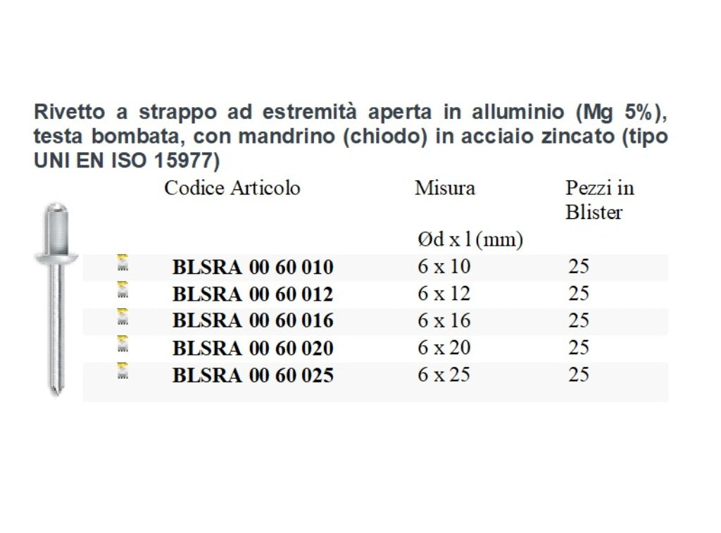 100 Pezzi Rivetti a Strappo in Alluminio Ø6 mm con Mandrino Acciaio Zincato
